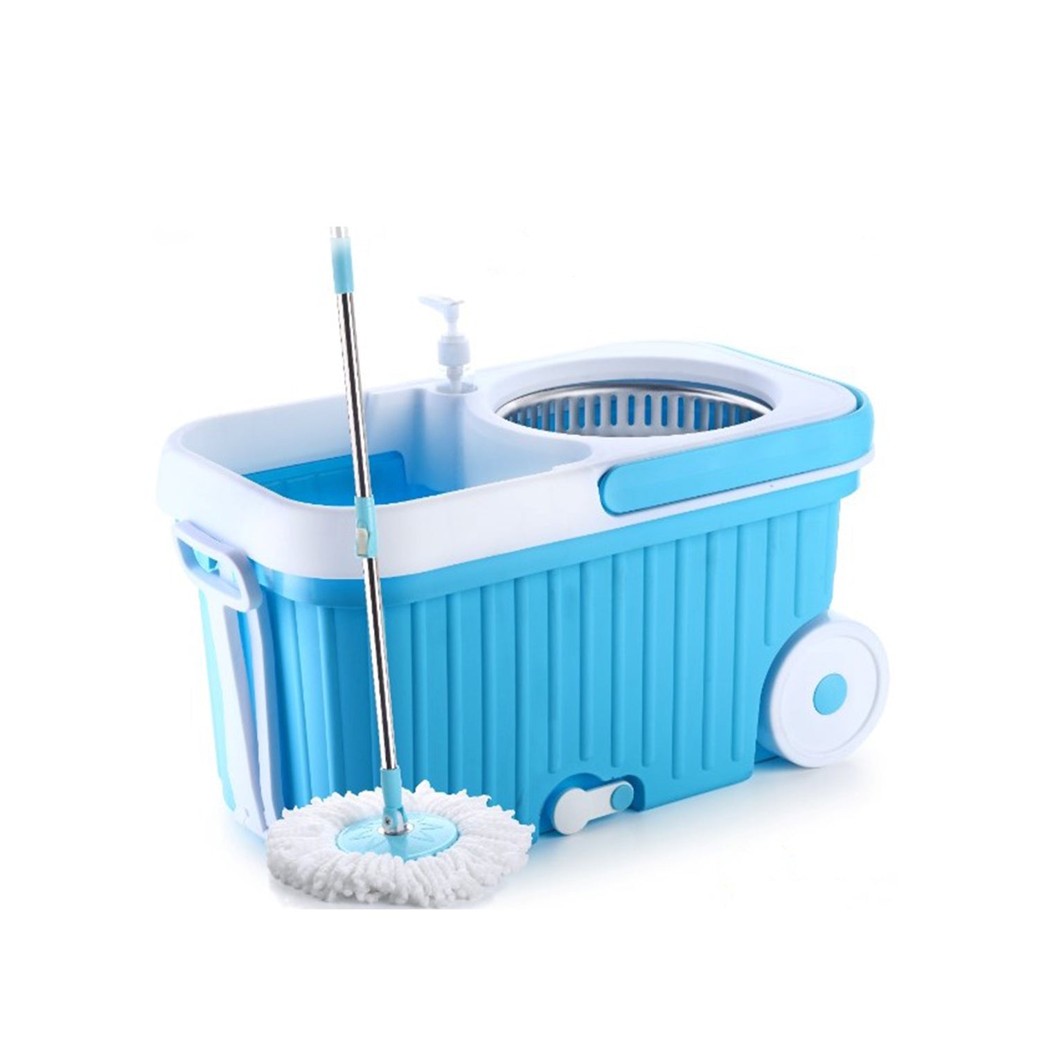Wukusy 8703 spin mop with large wheels and auto-fold handle for 360-degree cleaning, shown with mop and bucket.