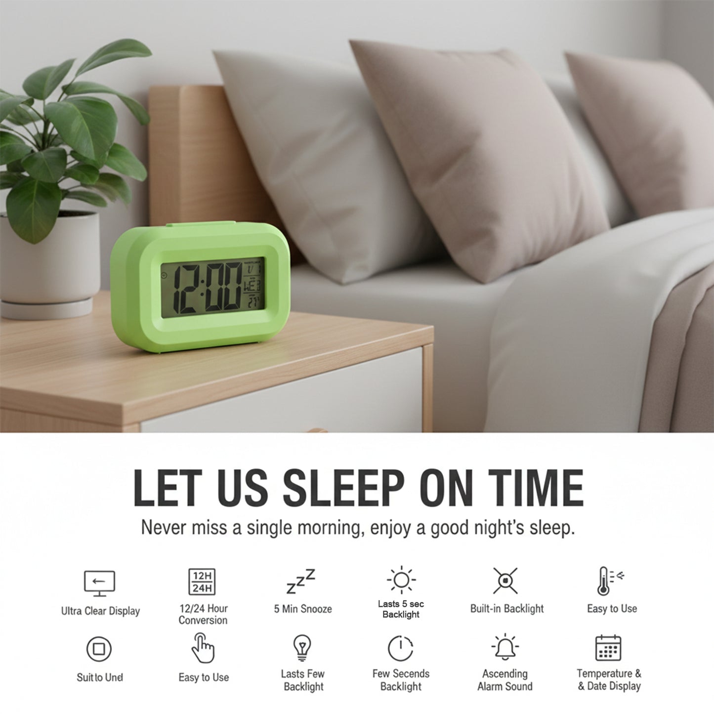 Digital alarm clock with clear LED display by Wukusy showing time and settings on a sleek black device.