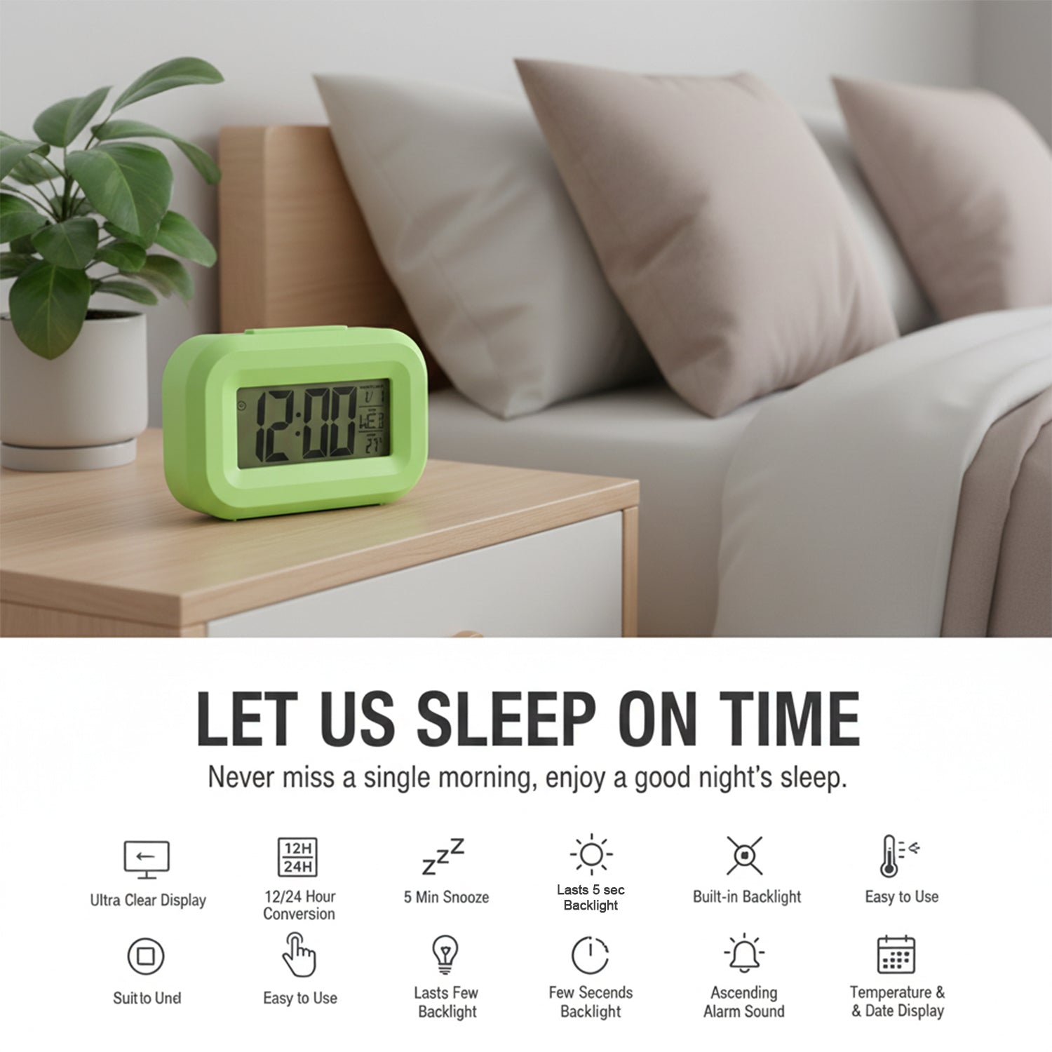 Digital alarm clock with clear LED display by Wukusy showing time and settings on a sleek black device.
