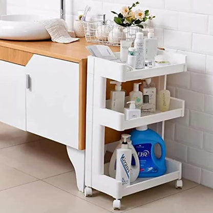 Wukusy 2326 plastic serving trolley bar cart with two shelves, ideal for kitchen, bar, or living room use.