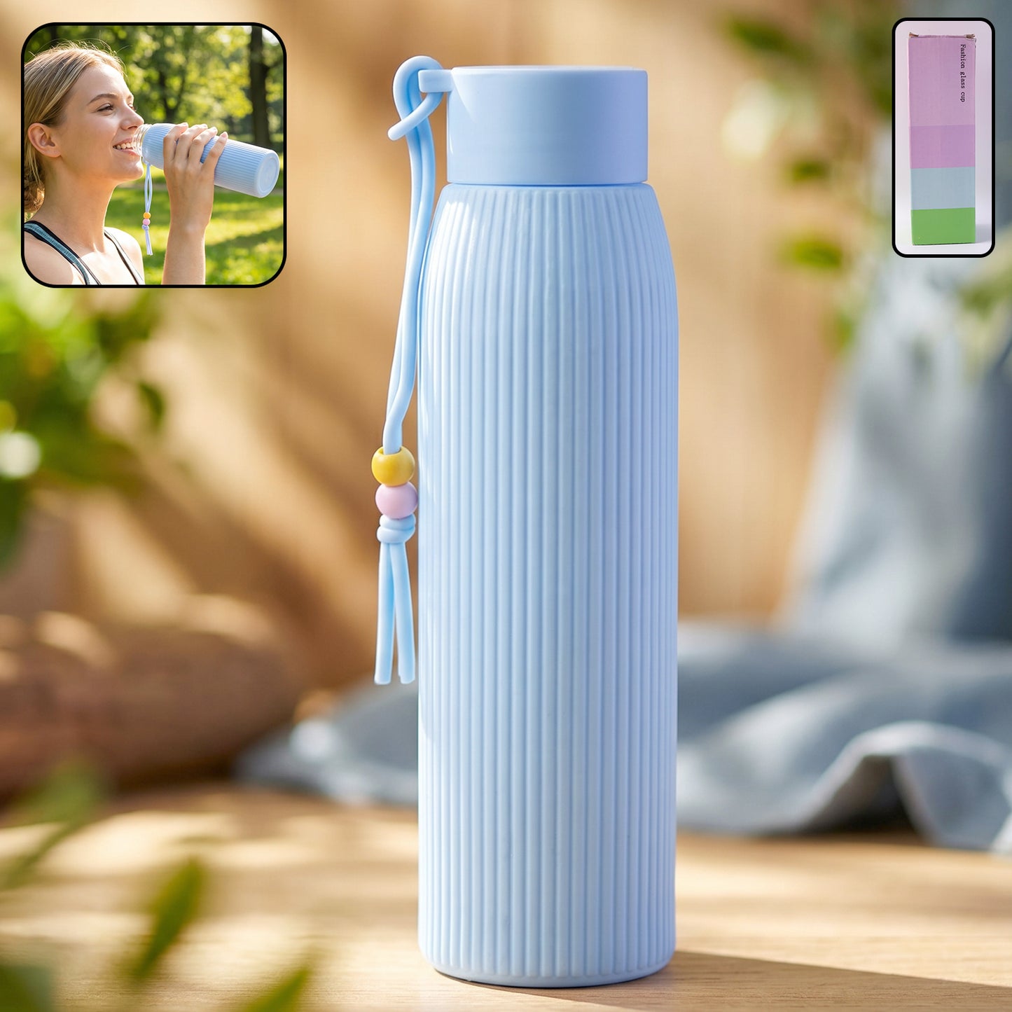 Wukusy premium textured glass water bottle with 300ml capacity, showcasing its sleek design and textured surface.