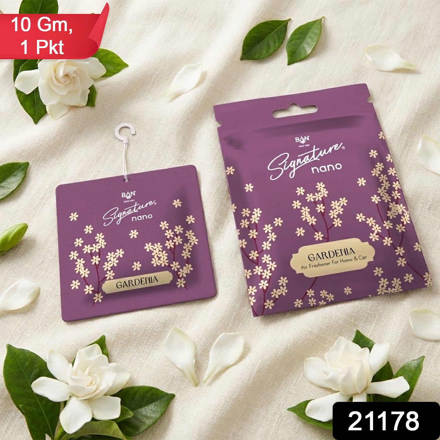 Wukusy Gardenia fragrance hanging air freshener sachet, 10g, with floral design and mix of fresh gardenia scents.