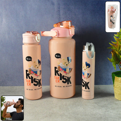 Set of three Wukusy cartoon printed water bottles for home and kitchen, featuring colorful fun designs and leak-proof caps.