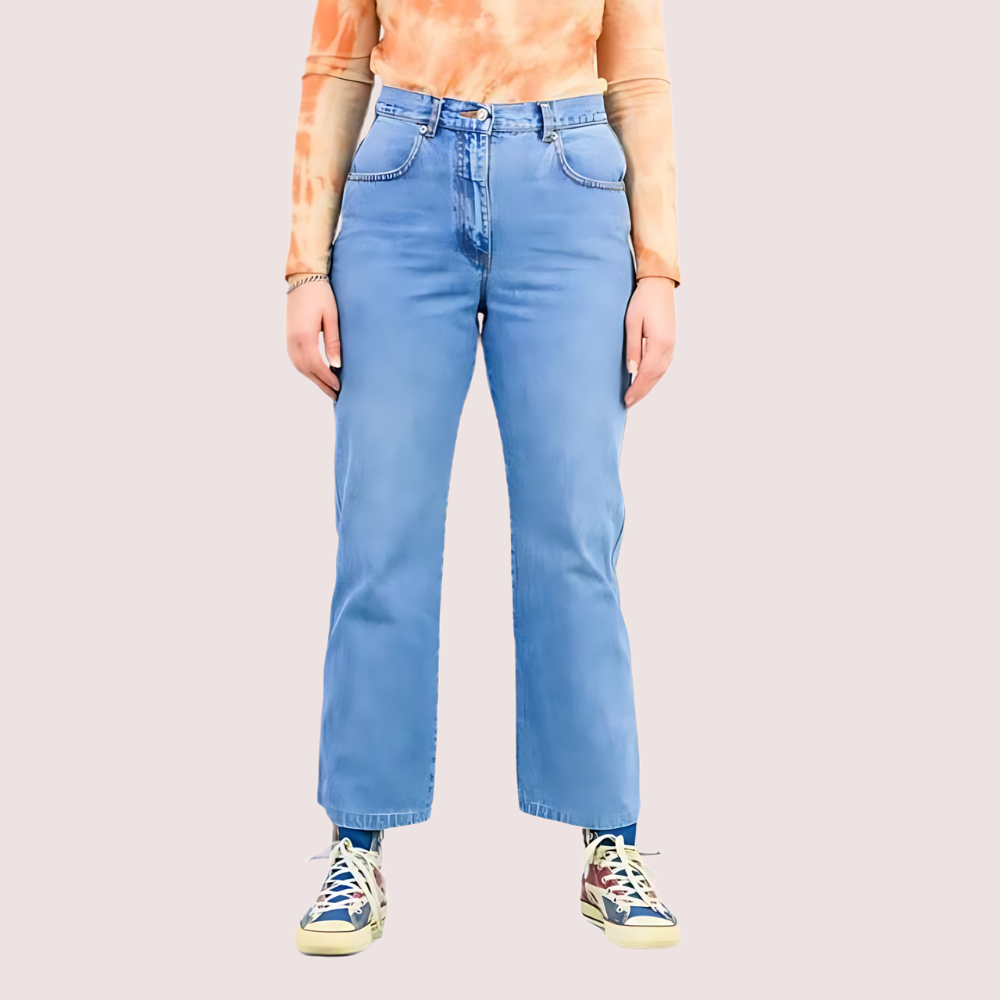 Classic 90s boyfriend blue denim wide leg jeans by Snazzyway, showing relaxed fit and stylish wide leg design.