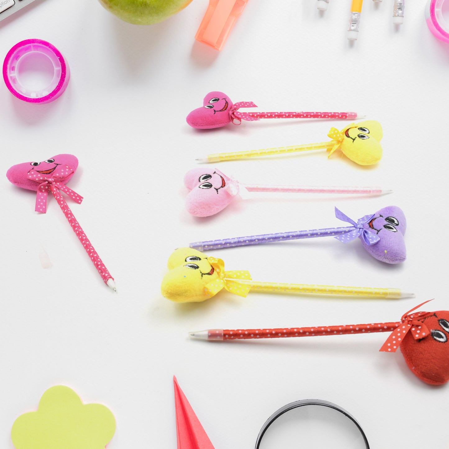 Wukusy 12-pack colorful cartoon heart-shaped pens with attached rattles, smooth writing, ideal for kids, wedding, and event use