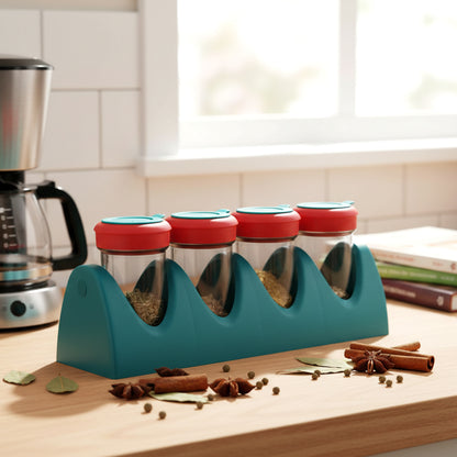 Wukusy 4-in-1 multipurpose spice shaker set with four compartments and clear lids for easy seasoning and storage.
