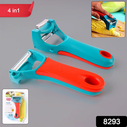 Wukusy 4-in-1 multi-functional vegetable and fruit peeler with multiple blades for peeling, grating, and julienning.