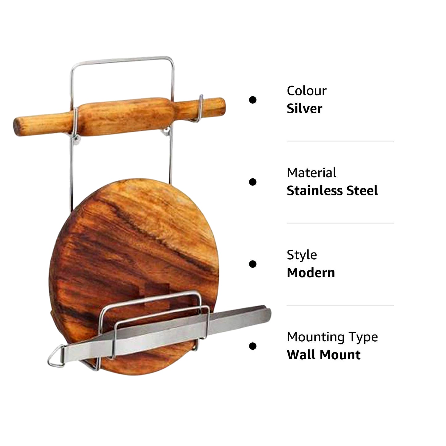 Silver stainless steel Chakla Belan Chimta stand with rolling pin, board, and tong holder for kitchen organization by Wukusy.