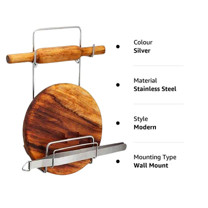 Silver stainless steel Chakla Belan Chimta stand with rolling pin, board, and tong holder for kitchen organization by Wukusy.