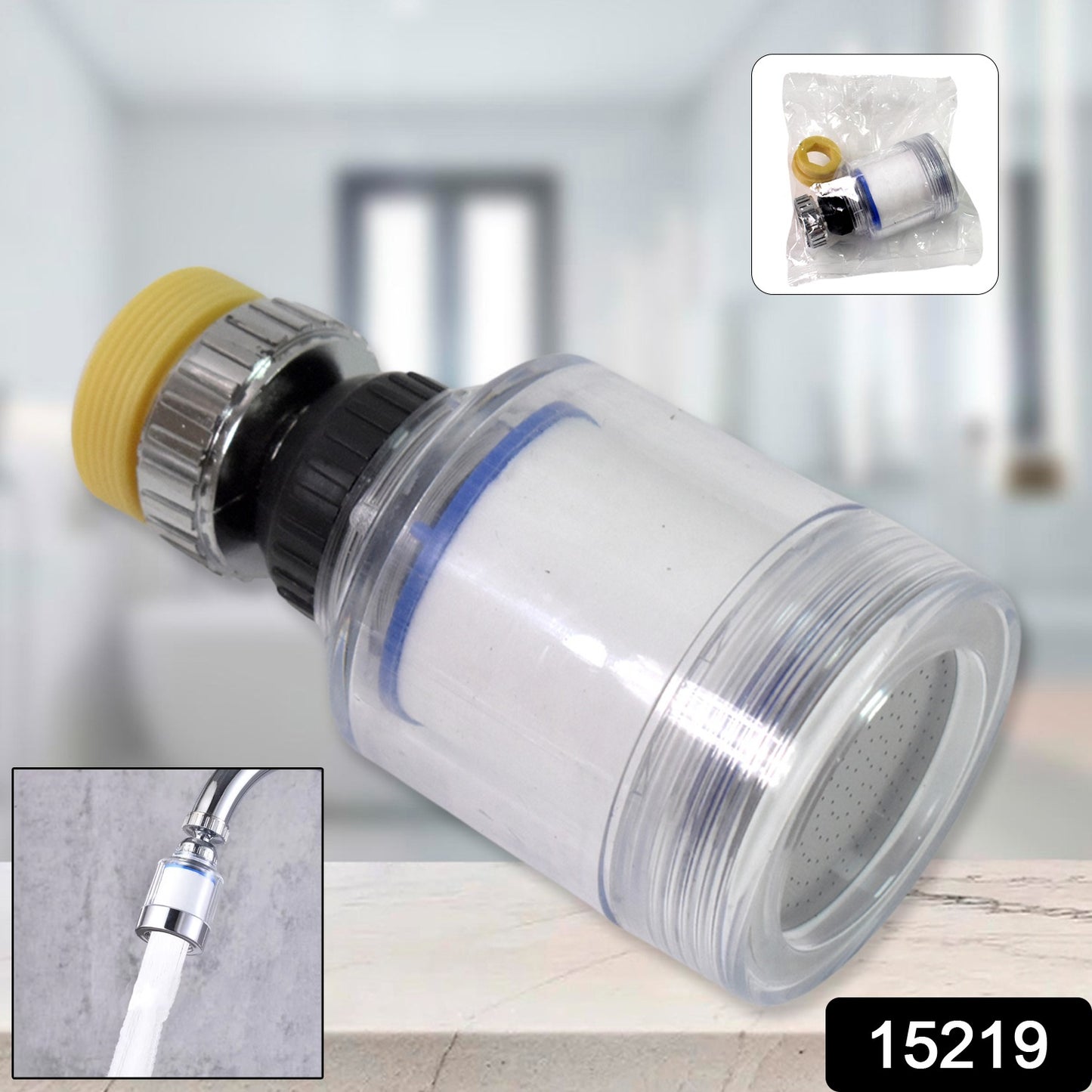 Wukusy water faucet extender with swivel aerator attached to kitchen sink faucet for improved water flow.
