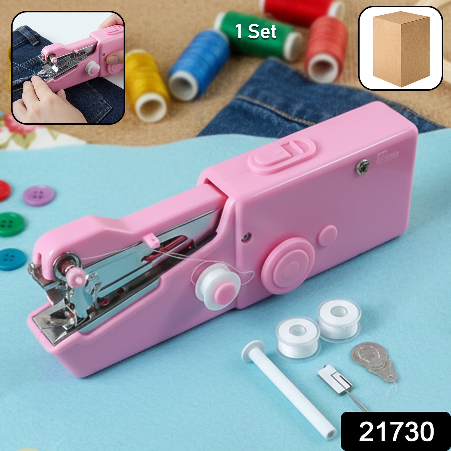 Portable handheld sewing machine by Wukusy showing compact device with sewing needle and control dial on a white background.