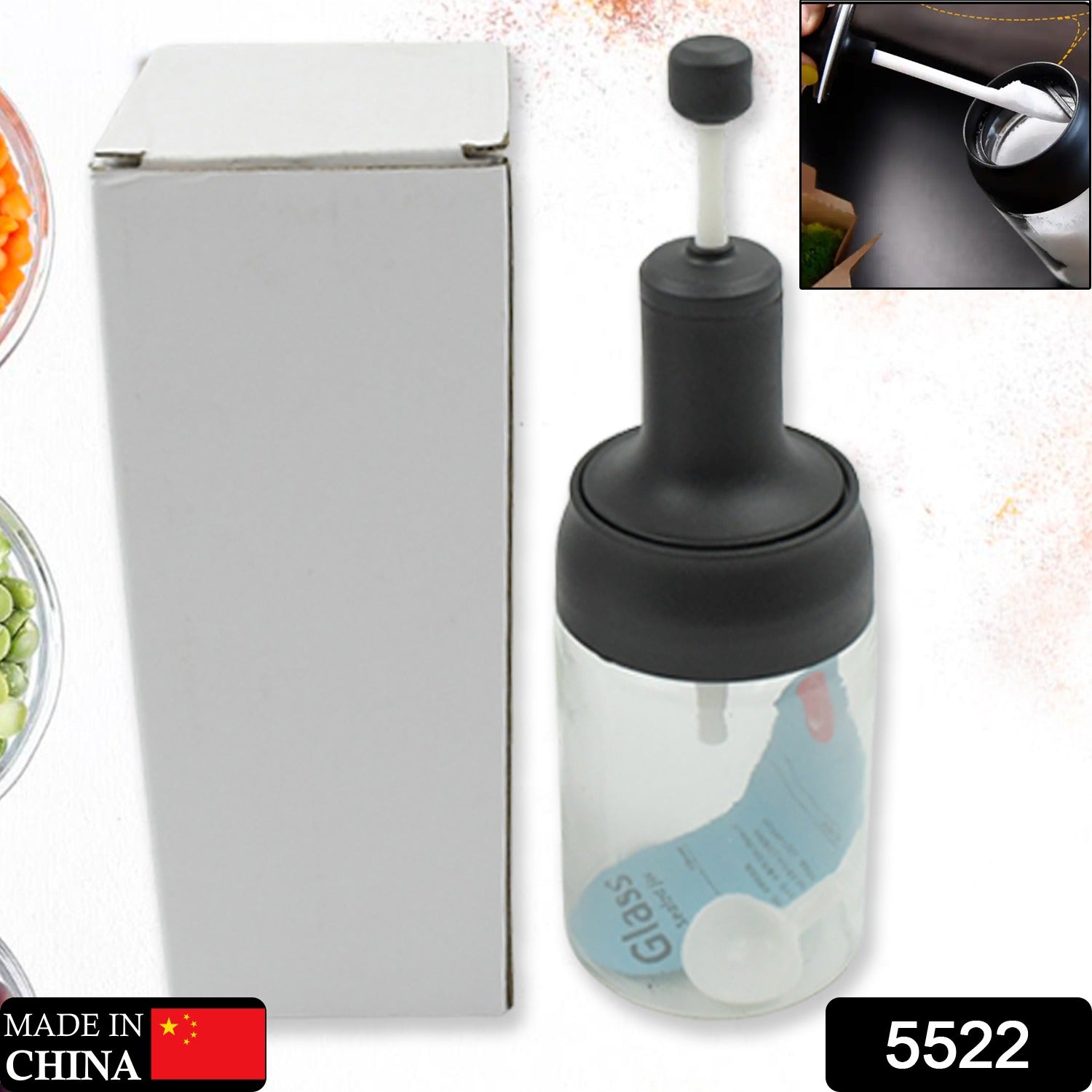 Wukusy heat-resistant glass condiment container with airtight cap, includes serving spoon for salt, spices, honey, sugar, or oil.