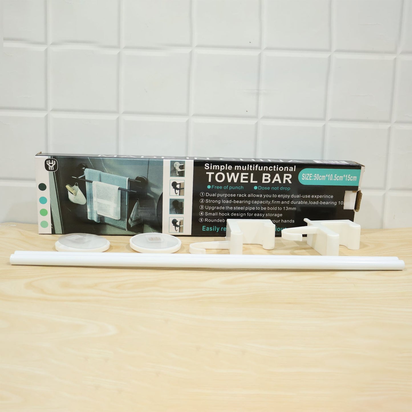 Wall-mounted double bar towel holder rack with side hooks by Wukusy, featuring two bars for towels and convenient side hooks.