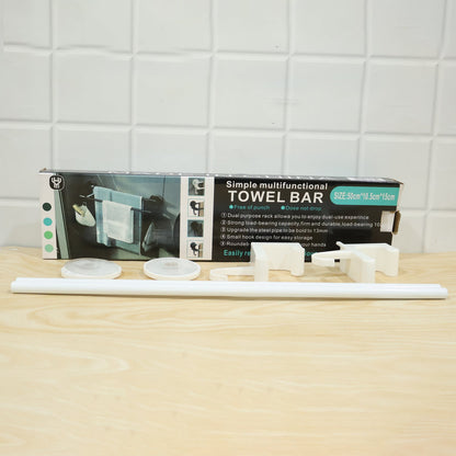 Wall-mounted double bar towel holder rack with side hooks by Wukusy, featuring two bars for towels and convenient side hooks.