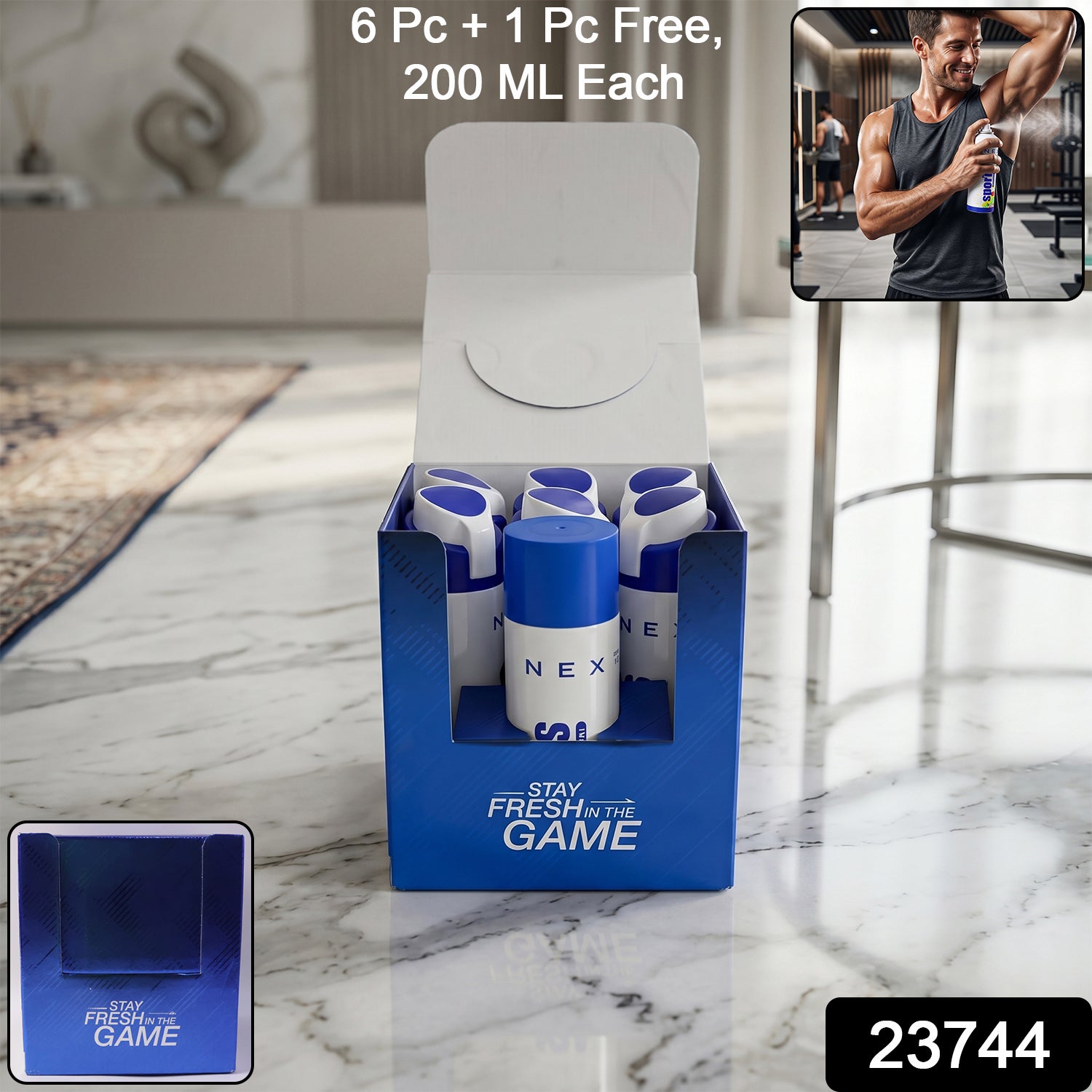 Wukusy Nex Sport Body Spray long-lasting deodorant perfume 200ml, pack of 6 with 1 free, bottle with spray nozzle and label.