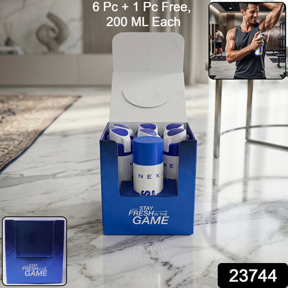 Wukusy Nex Sport Body Spray long-lasting deodorant perfume 200ml, pack of 6 with 1 free, bottle with spray nozzle and label.