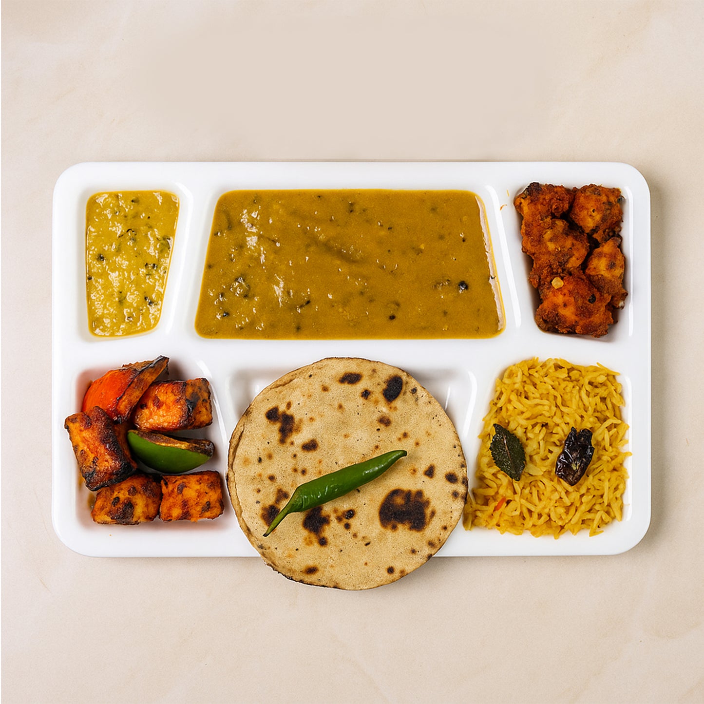 Black Wukusy plastic multi-compartment meal serving tray with three sections, rectangular design for convenient dining and food organization.