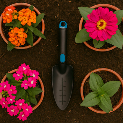 Wukusy plastic heavy-duty garden hand trowel with measurement marks, ideal for planting and gardening tasks.