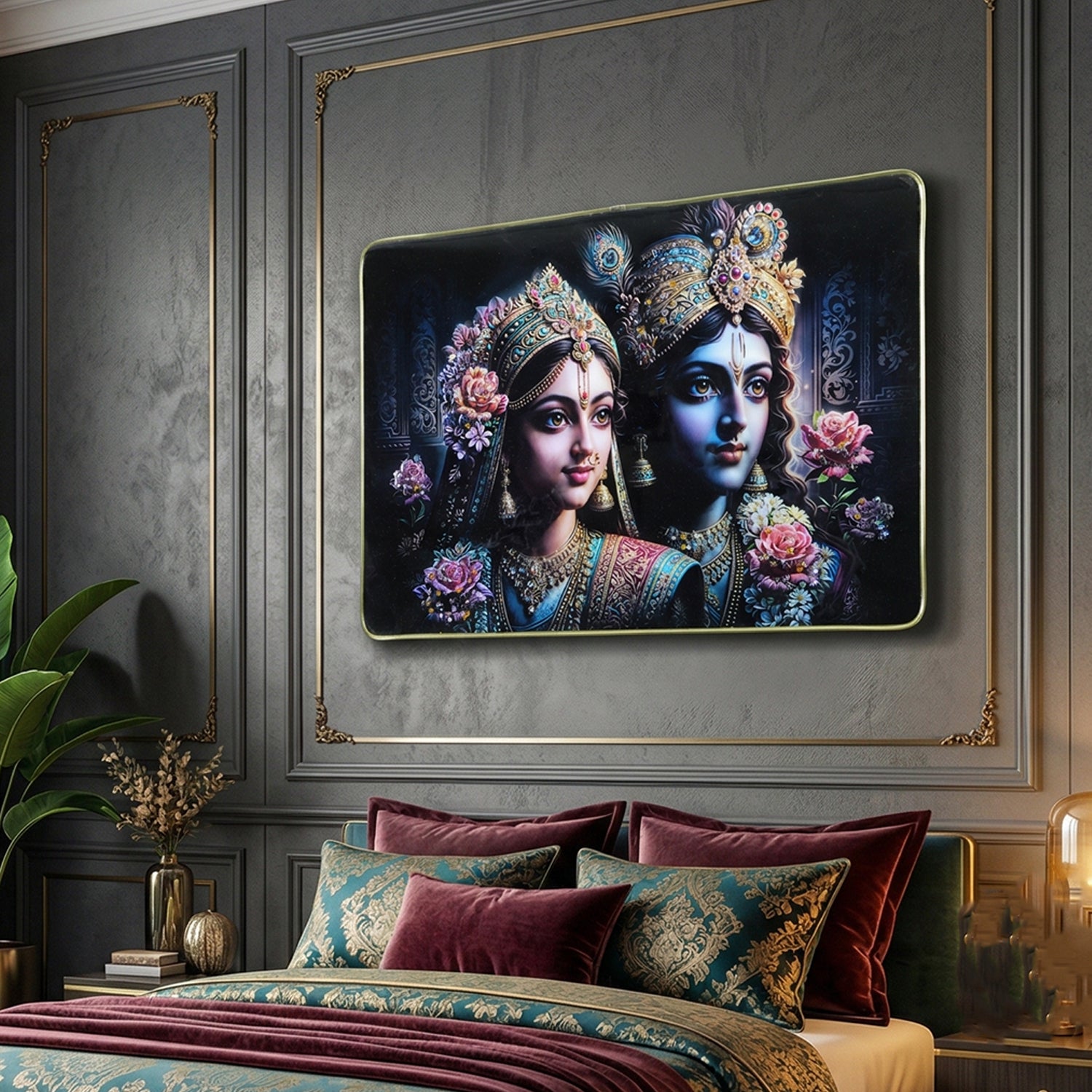 Decorative Radha Krishna wall painting frame by Wukusy, 45x30 cm, featuring vibrant religious artwork on a wooden frame.