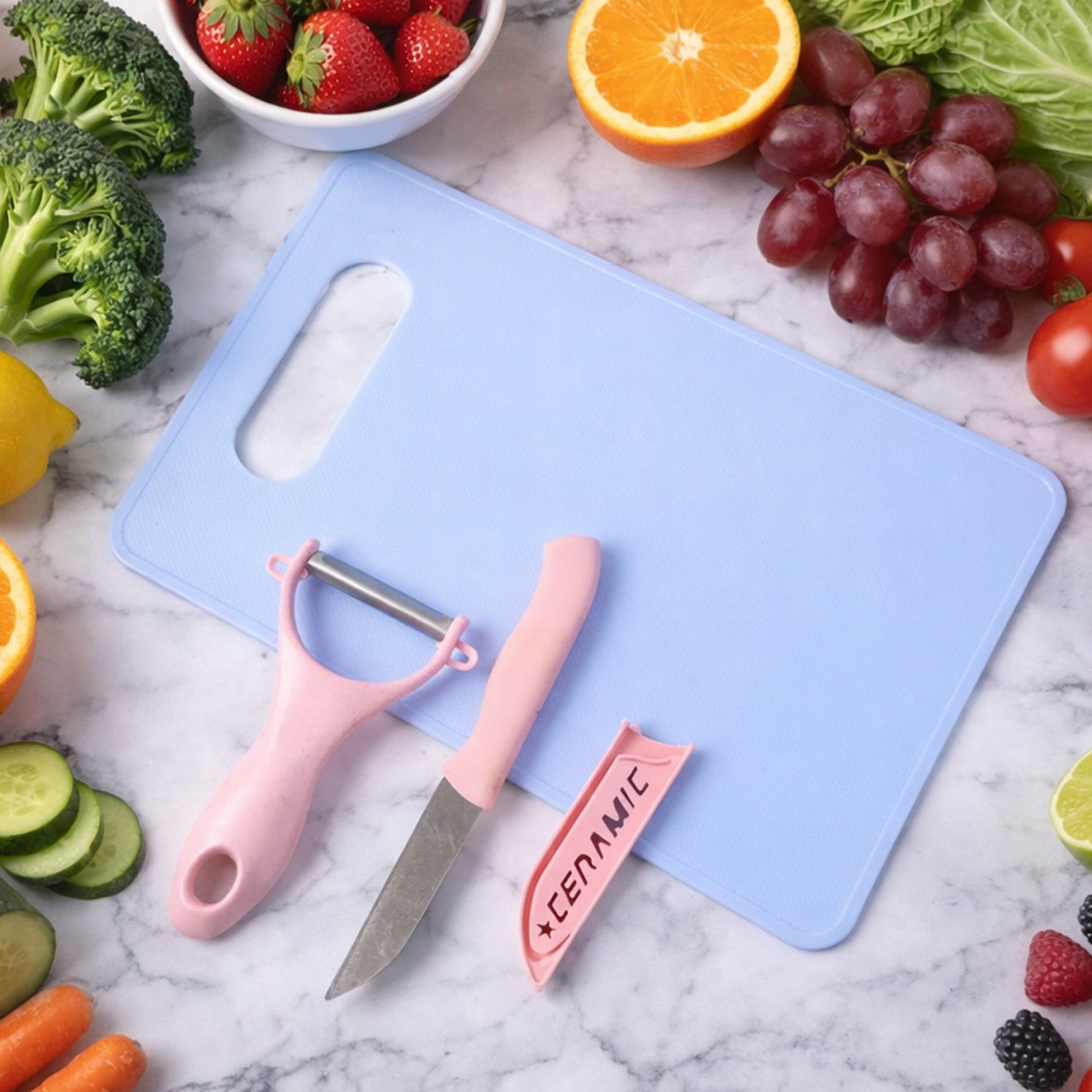Wukusy 3-in-1 multipurpose kitchen cutting board set with separate sections for fruits and vegetables, made of durable materials.