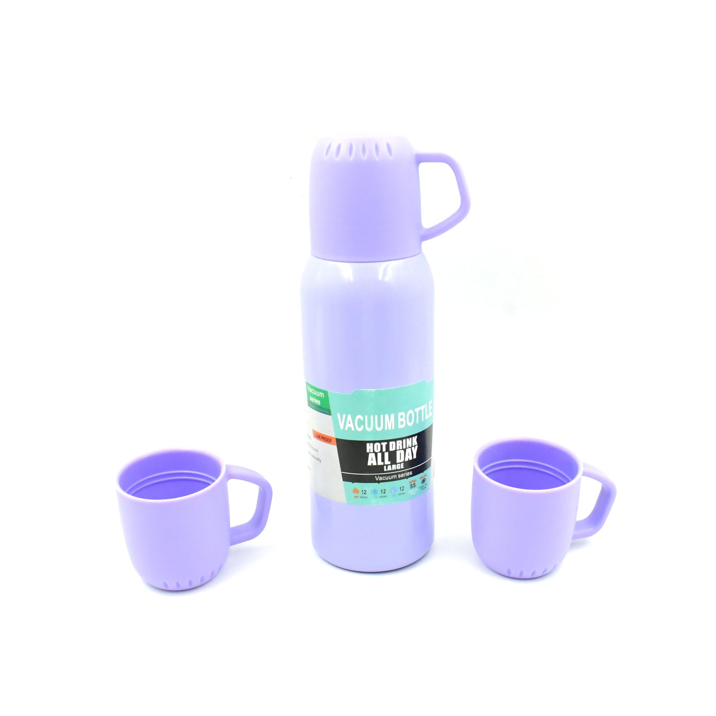 Wukusy 5533 stainless steel vacuum flask set with 3 cups, cover handle, portable car water bottle, 500ml capacity, creative gift set