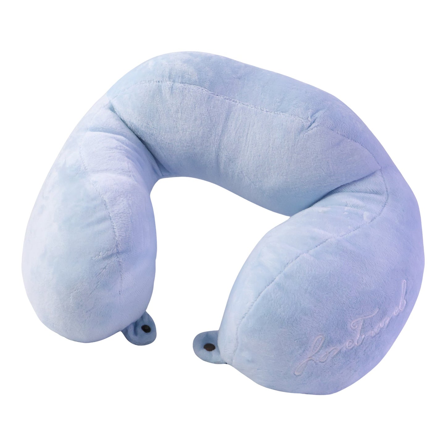 Blue plush U-shaped travel neck pillow by Wukusy, designed for head and neck support during travel.