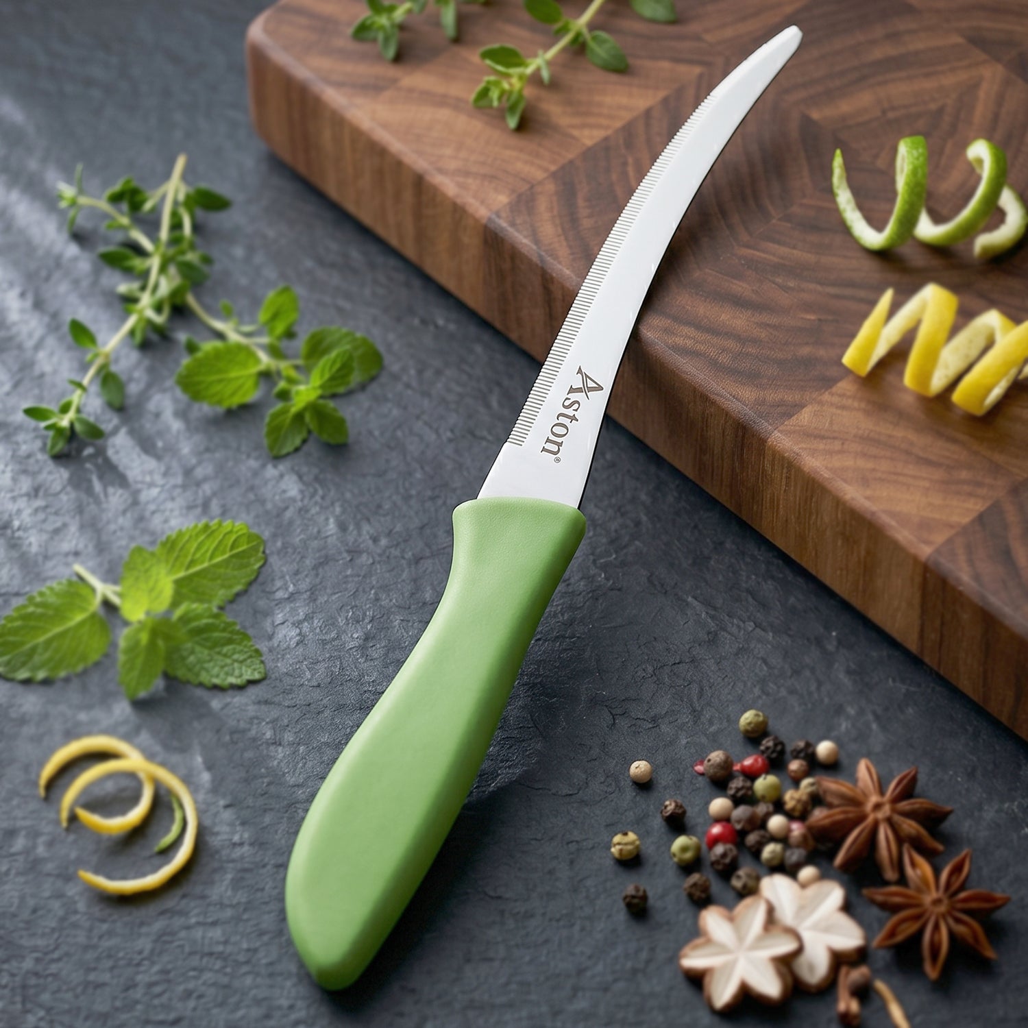 Wukusy 8-inch stainless steel kitchen knife with curved blade and plastic handle, ideal for precise slicing and chopping.