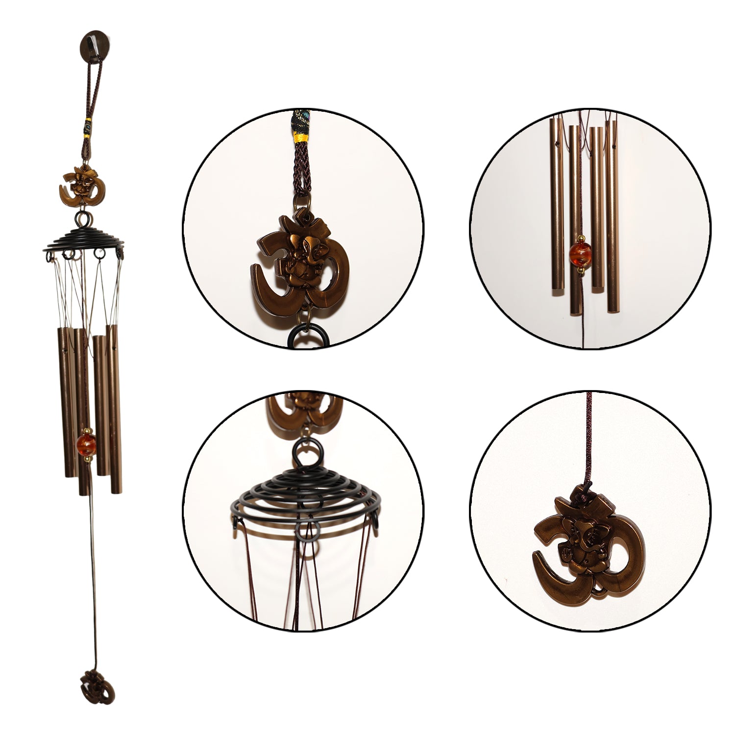 Metal wind chime featuring Om symbol by Wukusy, hanging with metal tubes and decorative design on a clear background.