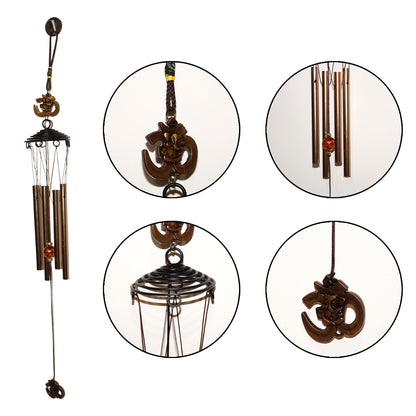 Metal wind chime featuring Om symbol by Wukusy, hanging with metal tubes and decorative design on a clear background.