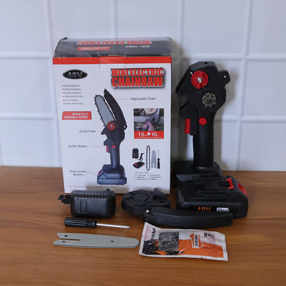 Wukusy mini electric cordless chainsaw with 24cm blade, 48V battery, compact design, and safety handle for pruning and cutting tasks.