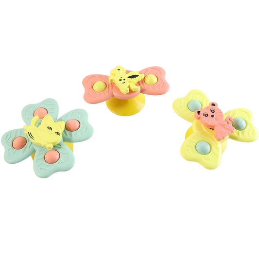 Wukusy Buzzy Baby Spinner Toy Set with three colorful spinning toys attached to suction cups for babies.