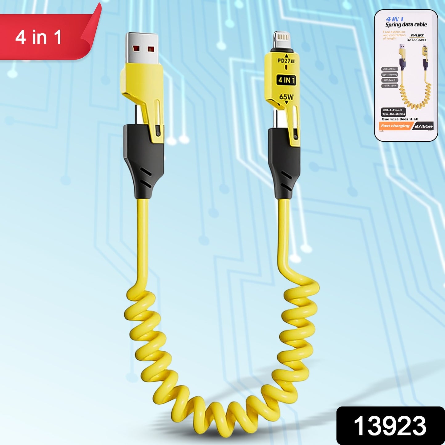 Wukusy 4-in-1 spring fast charging cable for mobile devices, 1.5 meters long, with multiple connectors for versatile charging.