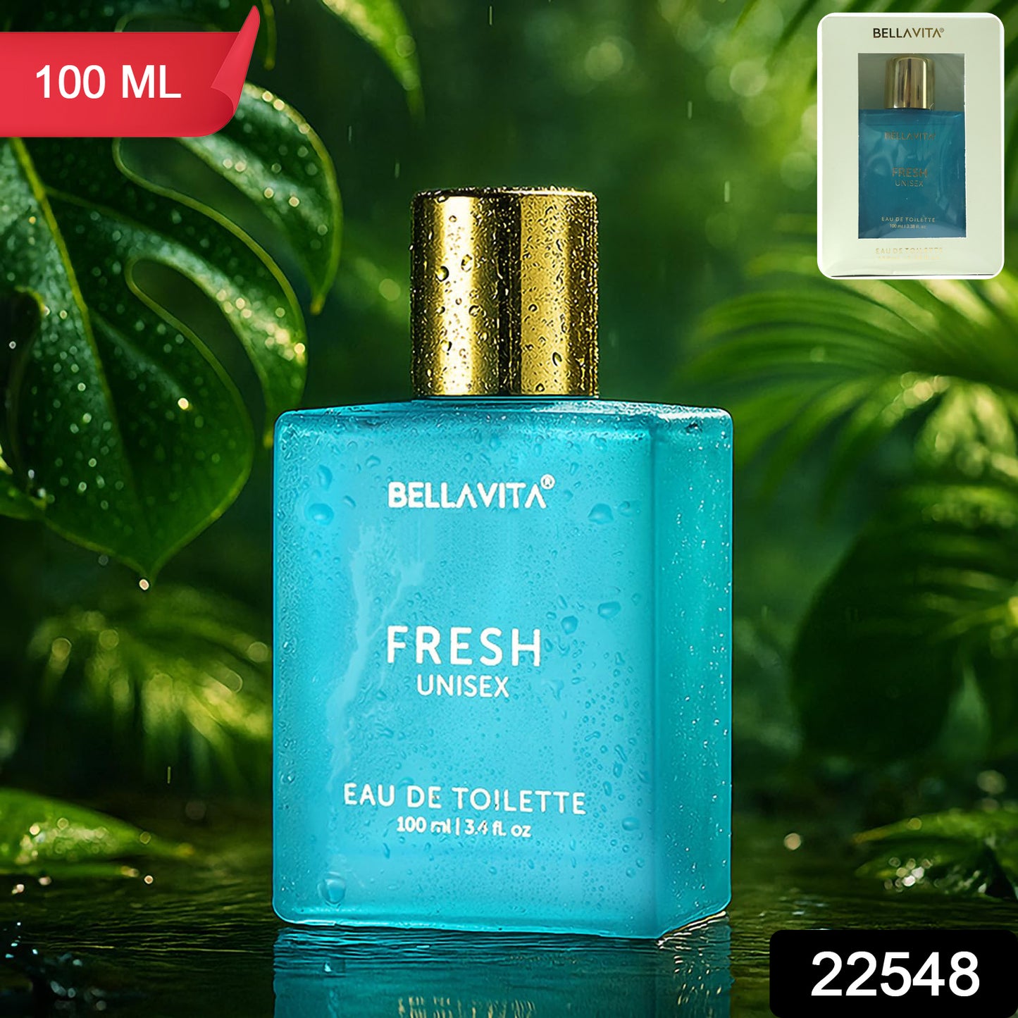 Wukusy Bellavita Premium Fresh Unisex Eau De Toilette perfume bottle, 100 ml with sleek design and clear liquid inside