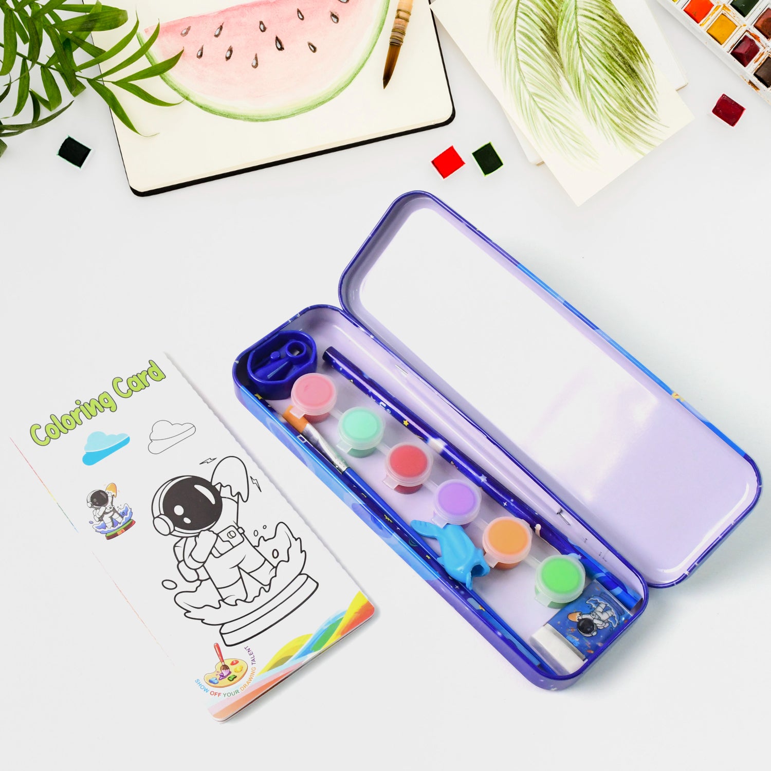 Set of space-themed kids stationery by Wukusy with colorful galaxy designs and fun writing supplies for children.