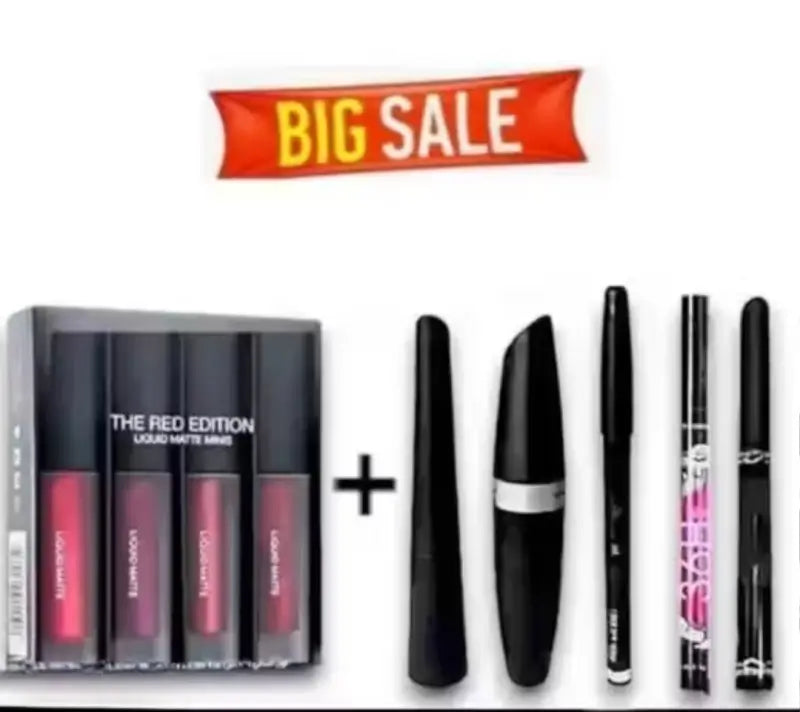 Ekom 4-in-1 red matte lipstick and waterproof eye makeup set, featuring bold lipstick and eye products in a beauty pack.