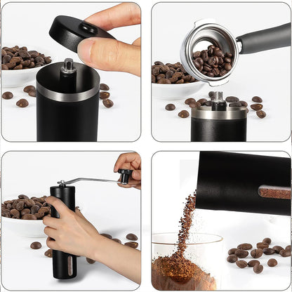 Wukusy portable stainless steel manual coffee grinder with handle and adjustable grind settings for home brewing.