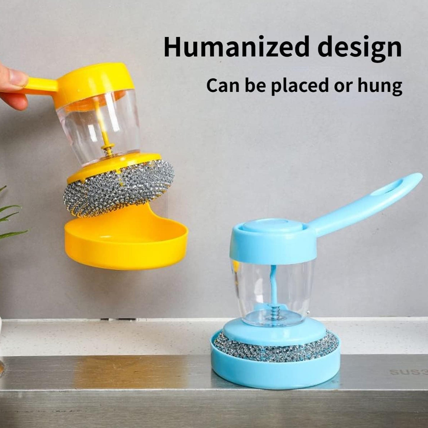 Wukusy handheld soap dispenser with scrub brush set for kitchen and bathroom cleaning, featuring a sleek plastic design.