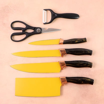 Wukusy 6-piece professional kitchen knife set includes chef knives, cleaver, peeler, and scissors for versatile cooking tasks.