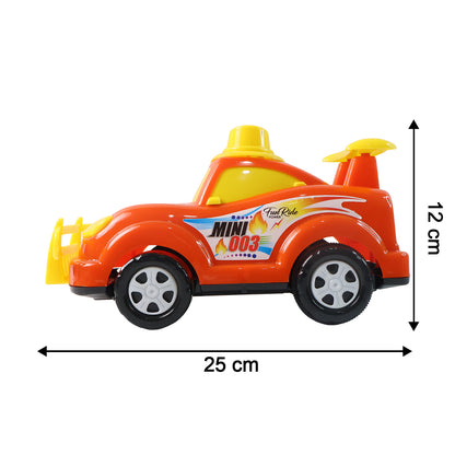 Wukusy Funwoods friction-powered cartoon racing car toy with colorful design, suitable for children, shown on smooth surface.
