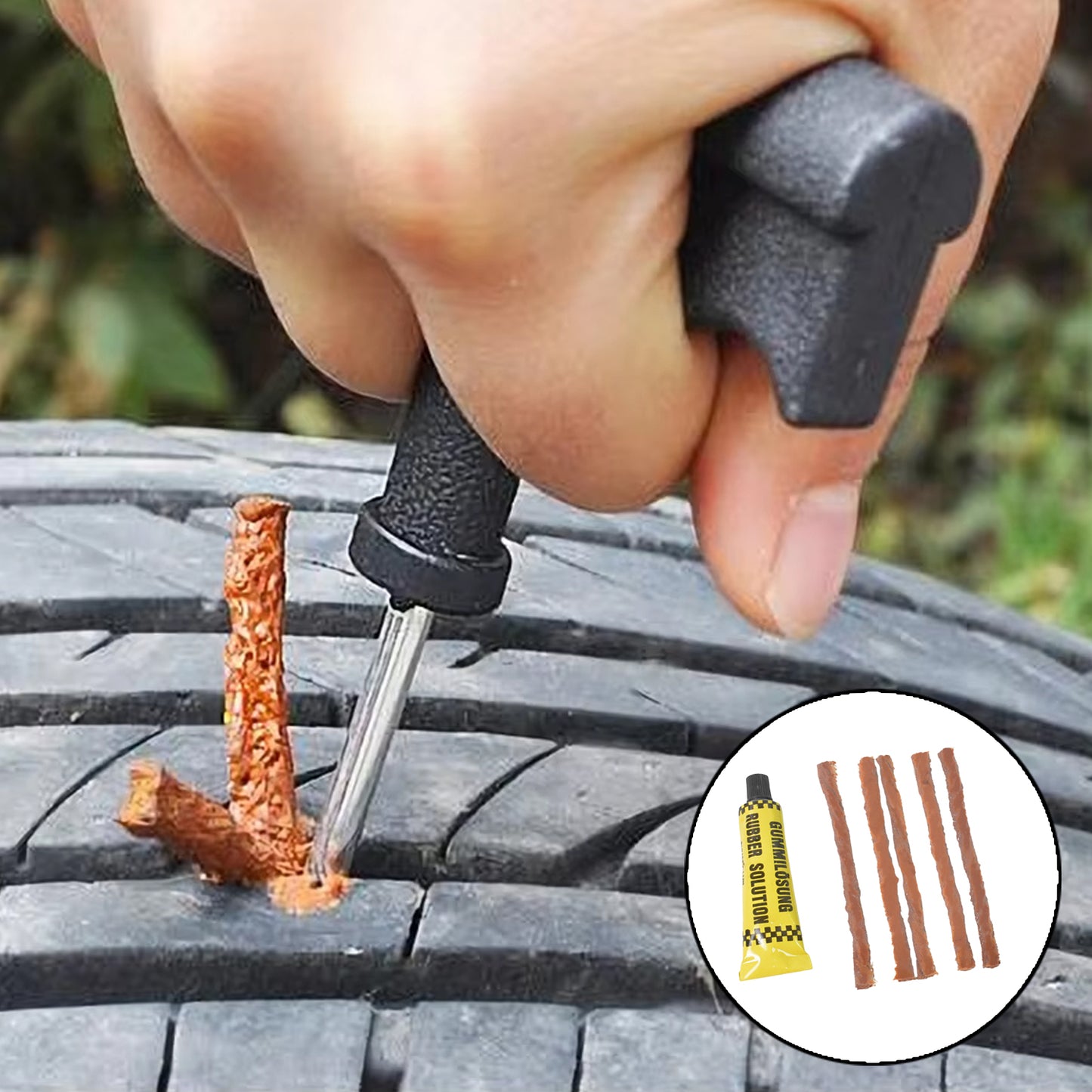 Wukusy 13-piece portable tire repair kit with tools and box for quick roadside puncture repairs.