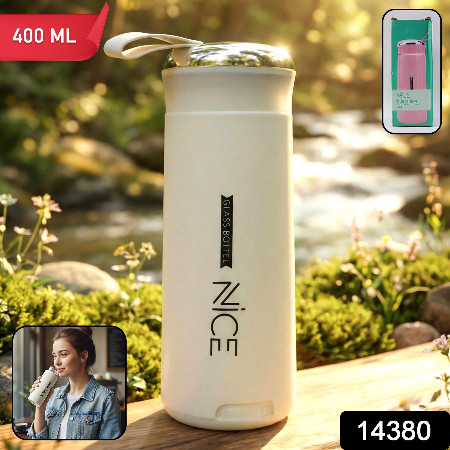 White glass water bottle by Wukusy with a 400ml capacity, featuring a sleek, transparent design and secure lid.