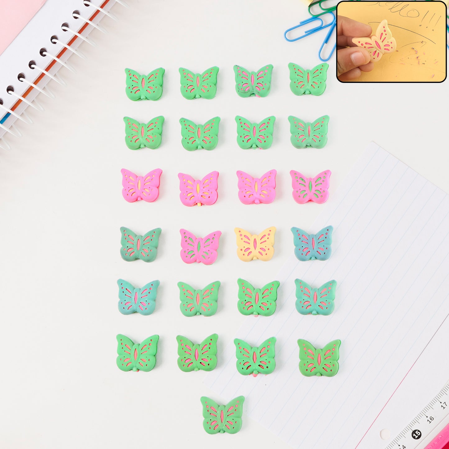 Set of 25 colorful butterfly-shaped rubber erasers by Wukusy, ideal for office or school use, featuring vibrant mixed designs.