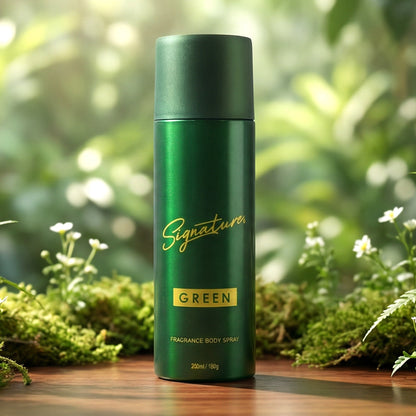 Wukusy Signature Premium Green Fragrance Body Spray 200ml bottle with sleek packaging and green accents.