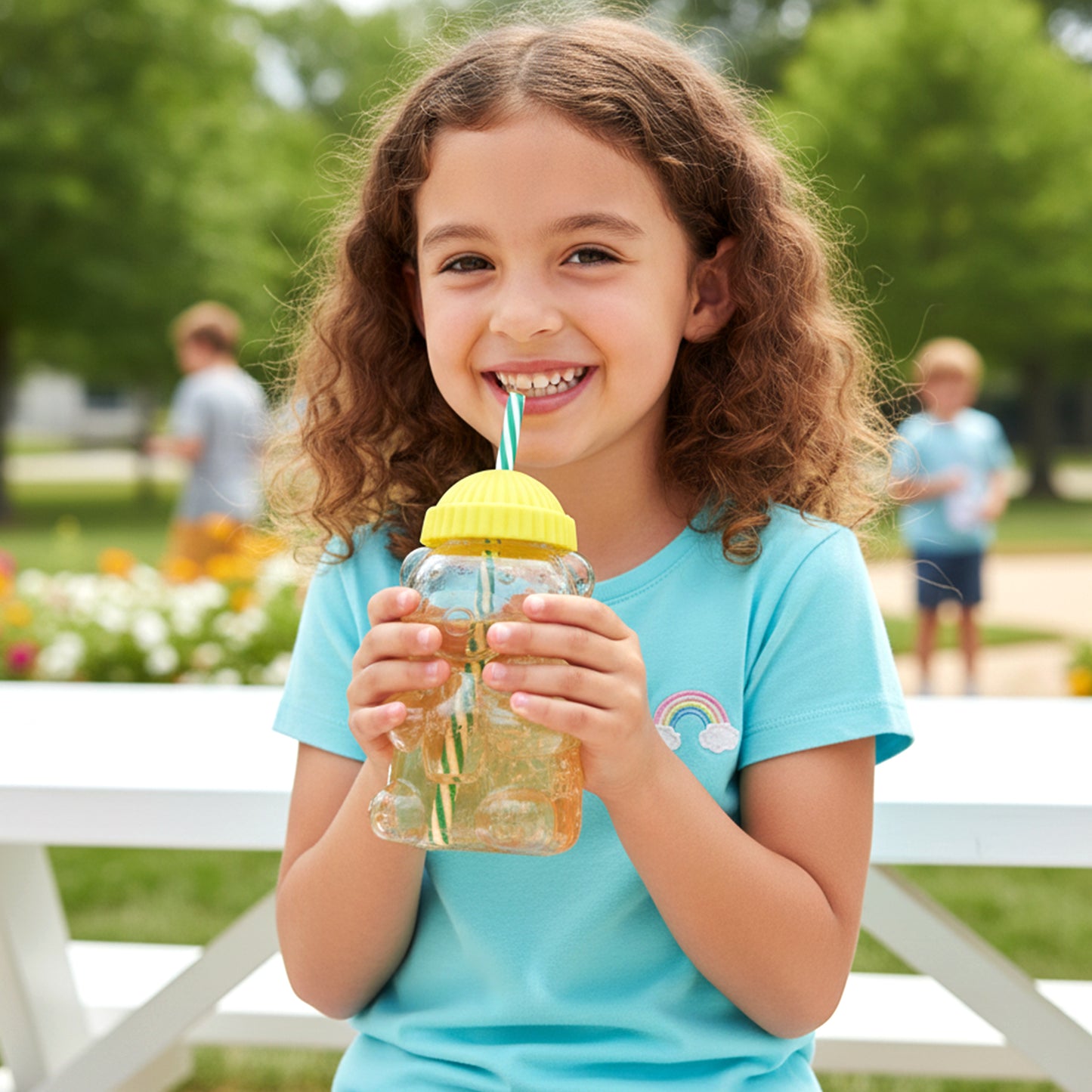 Wukusy cute glass bear-shaped kids drinking cup with straw, 350 ml capacity, featuring a playful bear design and secure lid.