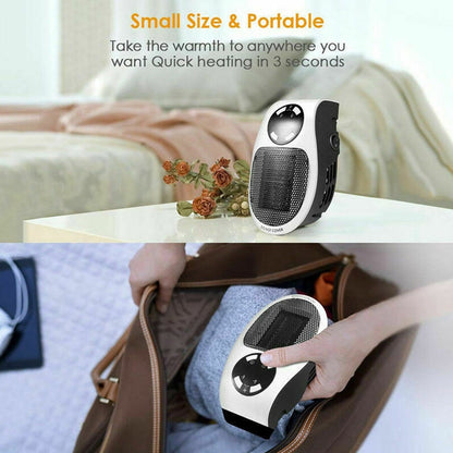 Wukusy 6033 portable electric mini fan heater on a desk, compact household home decor for warming small spaces.