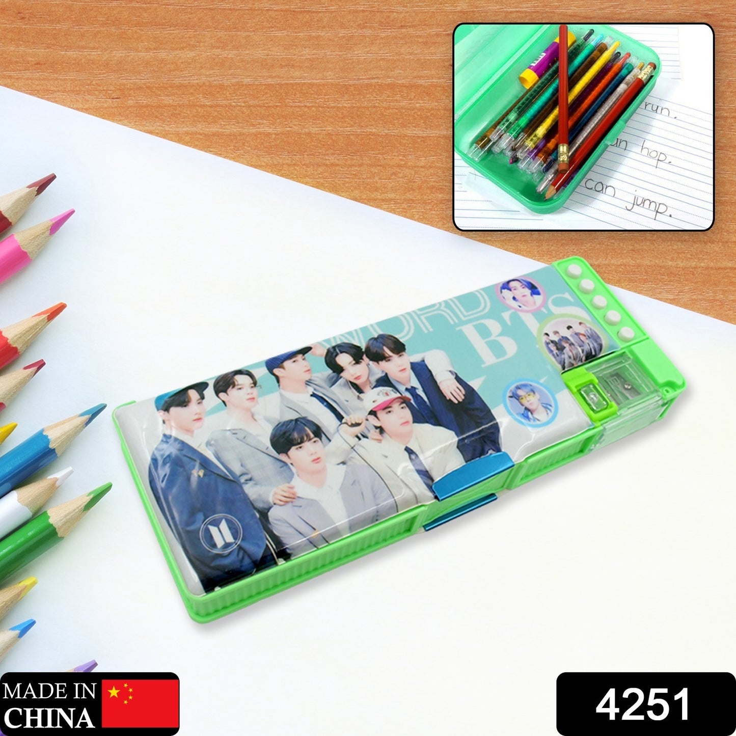 Wukusy 4251 multipurpose compass box pencil case with two compartments, cartoon print, ideal for kids' school supplies and organization.