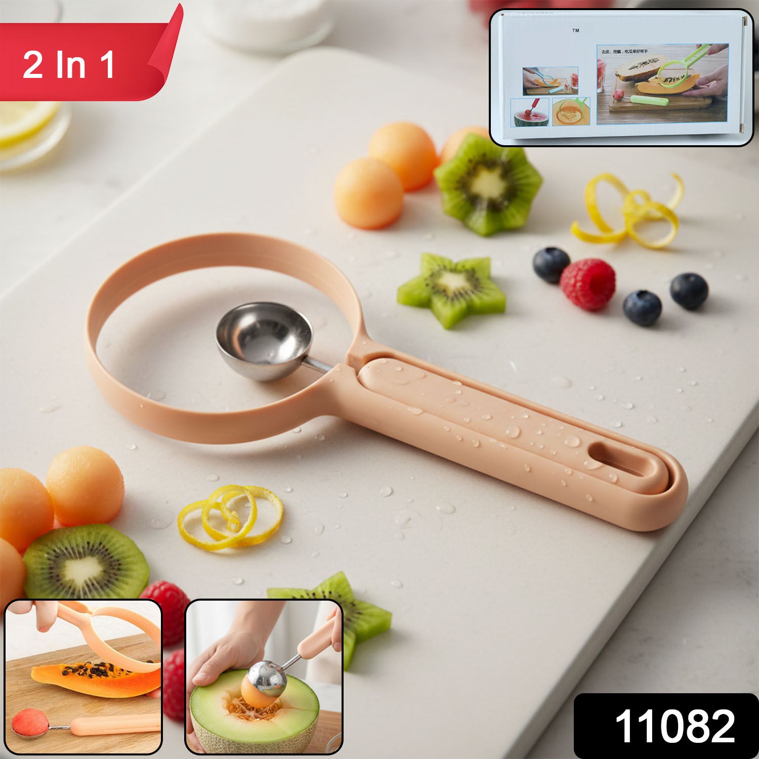 Wukusy 2-in-1 fruit scooper and cutter tool with stainless steel blade and ergonomic handle for easy fruit preparation.