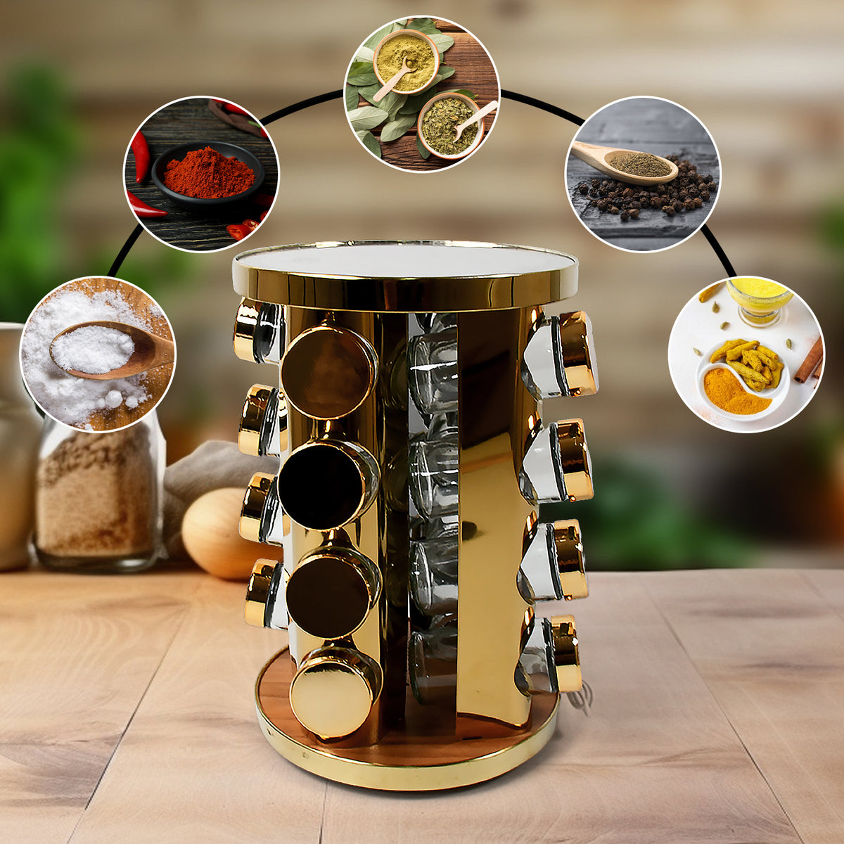 Wukusy 10009 LED spice rack organizer with 16 seasoning jars, golden stainless steel revolving tower for kitchen storage.