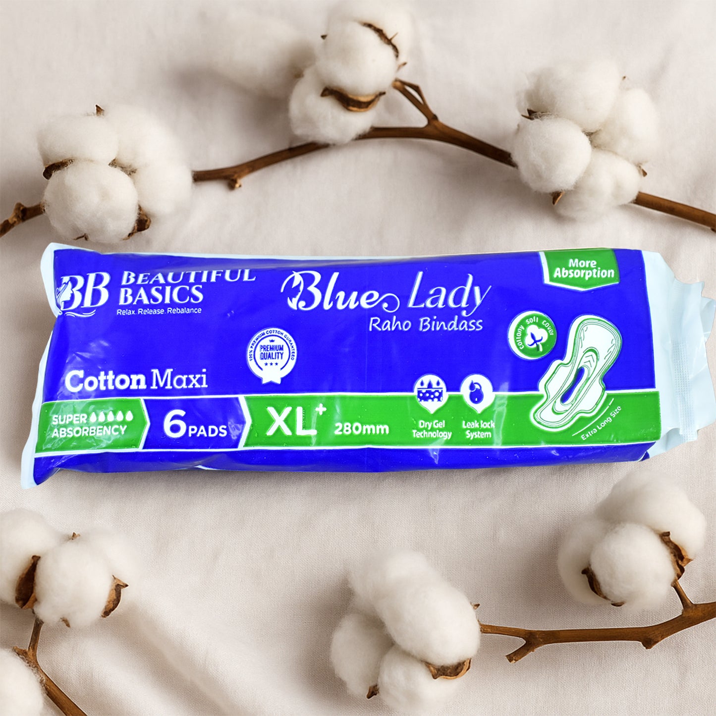 Wukusy Beautiful Basics Blue Lady sanitary pads XL 280mm, 6-pack, designed for feminine health and comfort.