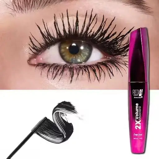 Ekom 2X Volume Mascara with curling, smudgeproof, long-lasting formula showing the mascara brush and coated lashes.